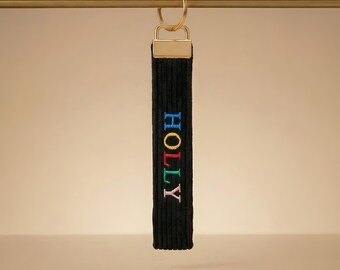 Personalized fabric keychain – embroidered with a name of your choice – black corduroy – gift