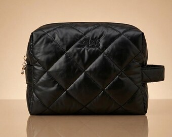 Personalized Monogram Puffer Cosmetic Bag | Black Quilted Toiletry Bag | Gift for Her | Aesthetic Make-up Bag
