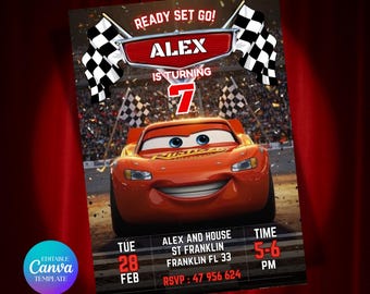 Cars Birthday Invitation, Birthday Invitation, Lightning McQueen Invitation, Kids Birthday Invitation, Editable Canva Template