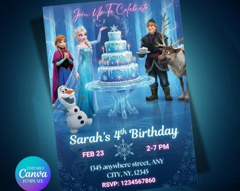 Frozen Birthday Invitation, Editable Canva Template, Princess Elsa & Anna Party Invite For Girls (Digital Download)