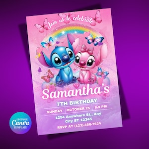 May include: A pink and purple birthday invitation featuring the characters Stitch and Angel. The invitation includes the text "Join us to celebrate" above a rainbow. The invitation also includes the text "Samantha's 7th Birthday".