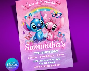 Stitch and Angel Birthday Invitation Editable Template, Kids Lilo & Stitch Party Invite, Printable 5x7 Digital Birthday Canva Evite