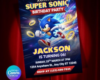 Sonic Birthday Invitation, Sonic Theme Party Invite, 5x7 Inch, Editable Canva Template Digital Download