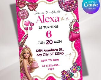 Editable fashion doll birthday Invitation, malibu hot pink birthday party, bestie invitation, Instant Download, Canva Template