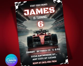 Formula One Birthday Invitation, Race Car Party Invite, F1 Birthday Card, Editable Canva TemplateF