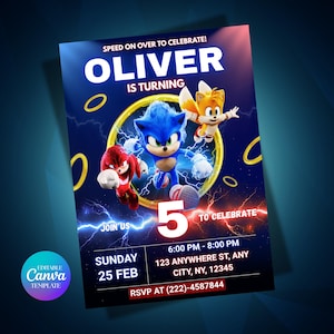 May include: A blue birthday invitation featuring Sonic the Hedgehog and friends. The invitation includes the text "OLIVER IS TURNING 5" with event details: date, time, and location. The Canva template is editable.