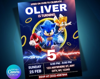 Sonic Birthday Invitation Editable Canva Template, Sonic The Hedgehog Party Evite, Kids Boys Birthday Invite, (Digital Download)
