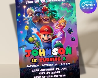 Mario Galaxy Birthday Invitation, Outer Space Party Invite, Boys Gaming Party Card, Instant Download, Editable Canva Template (5x7 in)
