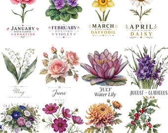 Custom Birth Month Flower PNG| Personalized Floral Bouquet Digital Art| Birthday Gift for Her| Birth Flower Tattoo Design| Digital Download