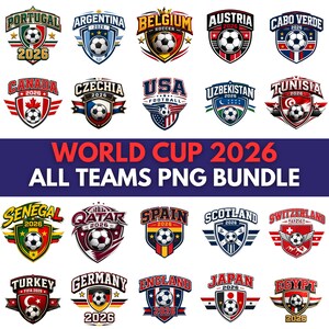 Peut inclure: Une collection numérique de vingt logos d'équipes de football pour la Coupe du Monde 2026, chacun avec un écusson unique, un ballon de football central et l'année 2026. Le texte World Cup 2026 All Teams PNG Bundle est au centre de l'image.