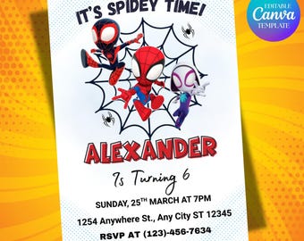 Spidey And His Amazing Friends Birthday Invitation, Editable Canva Template, Spiderman Kids Birthday Invite