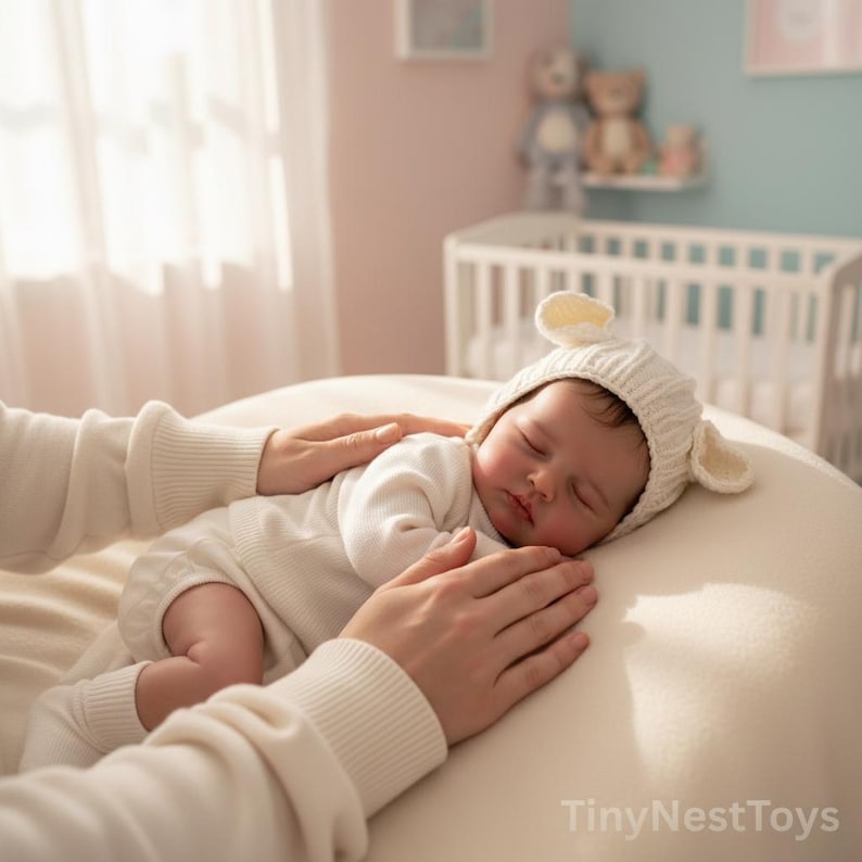 Puede incluir: Un beb&eacute; dormido con un body blanco y un gorro de punto blanco con orejas. El beb&eacute; descansa sobre una superficie color crema, con manos suavemente apoyadas. En el fondo se ven una cuna y juguetes.