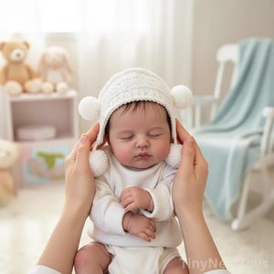 Puede incluir: Un beb&eacute; dormido con un gorro blanco de punto con dos pompones. El beb&eacute; viste un body y un su&eacute;ter blancos. El fondo incluye una estanter&iacute;a con peluches y una mecedora.