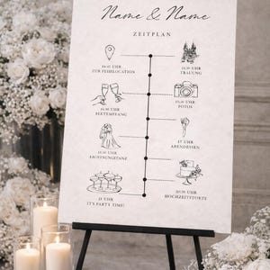Puede incluir: Un letrero de horario de boda en un caballete negro. El letrero presenta un diseño minimalista con una línea de puntos negra e ilustraciones que marcan el horario. El texto incluye los nombres de la pareja y los horarios del evento.