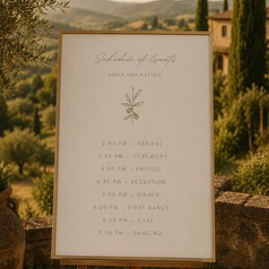 May include: A rectangular wedding sign in a thin gold frame on a wooden easel. The white sign features the text Schedule of Events, Sofia and Matteo, and a green olive branch illustration, followed by a list of times from 2:45 PM to 9:00 PM.