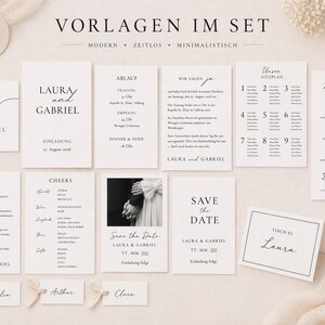 Könnte beinhalten: Ein Set minimalistischer Hochzeitspapeterie, darunter Einladungen, Menüs und Tischkarten. Die Karten zeichnen sich durch elegante Typografie und eine neutrale Farbpalette aus, wobei die Namen "Laura & Gabriel" prominent dargestellt werden. Das Set enthält eine "Save the Date"-Karte.