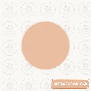 Puede incluir: Un gran círculo de color melocotón domina la imagen, sobre un fondo claro con logotipos circulares repetidos. Los logotipos presentan un diseño floral y texto. Un botón rectangular con las palabras "INSTANT DOWNLOAD" está en la parte inferior.