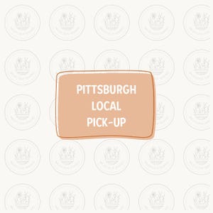 May include: A rectangular peach-colored graphic with rounded corners and a dark outline, featuring the white text "PITTSBURGH LOCAL PICK-UP" centered inside. The background consists of a repeating pattern of light gray circular floral line art logos.