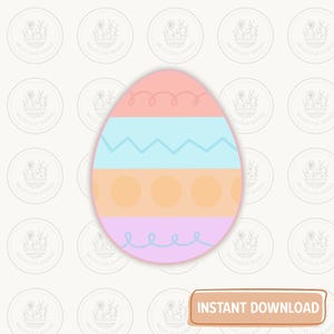 Könnte beinhalten: Ein pastellfarbenes Osterei-Design mit rosa, blauen und orangefarbenen Abschnitten. Das Ei hat ein Zickzackmuster, Punkte und eine geschwungene Linie. Die Worte "INSTANT DOWNLOAD" stehen in einem rechteckigen Feld unten.