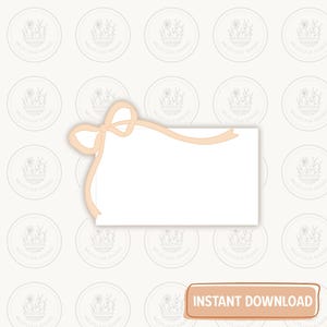 May include: A blank white card with a peach-colored bow and ribbon design. The words "INSTANT DOWNLOAD" are in a peach-colored rectangle at the bottom. The background has a repeating pattern of circular logos.