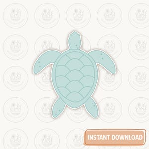 May include: A light blue sea turtle cookie cutter with a white outline. The image has a light beige background with repeating circular logos. The words "INSTANT DOWNLOAD" are in a rectangular box at the bottom.
