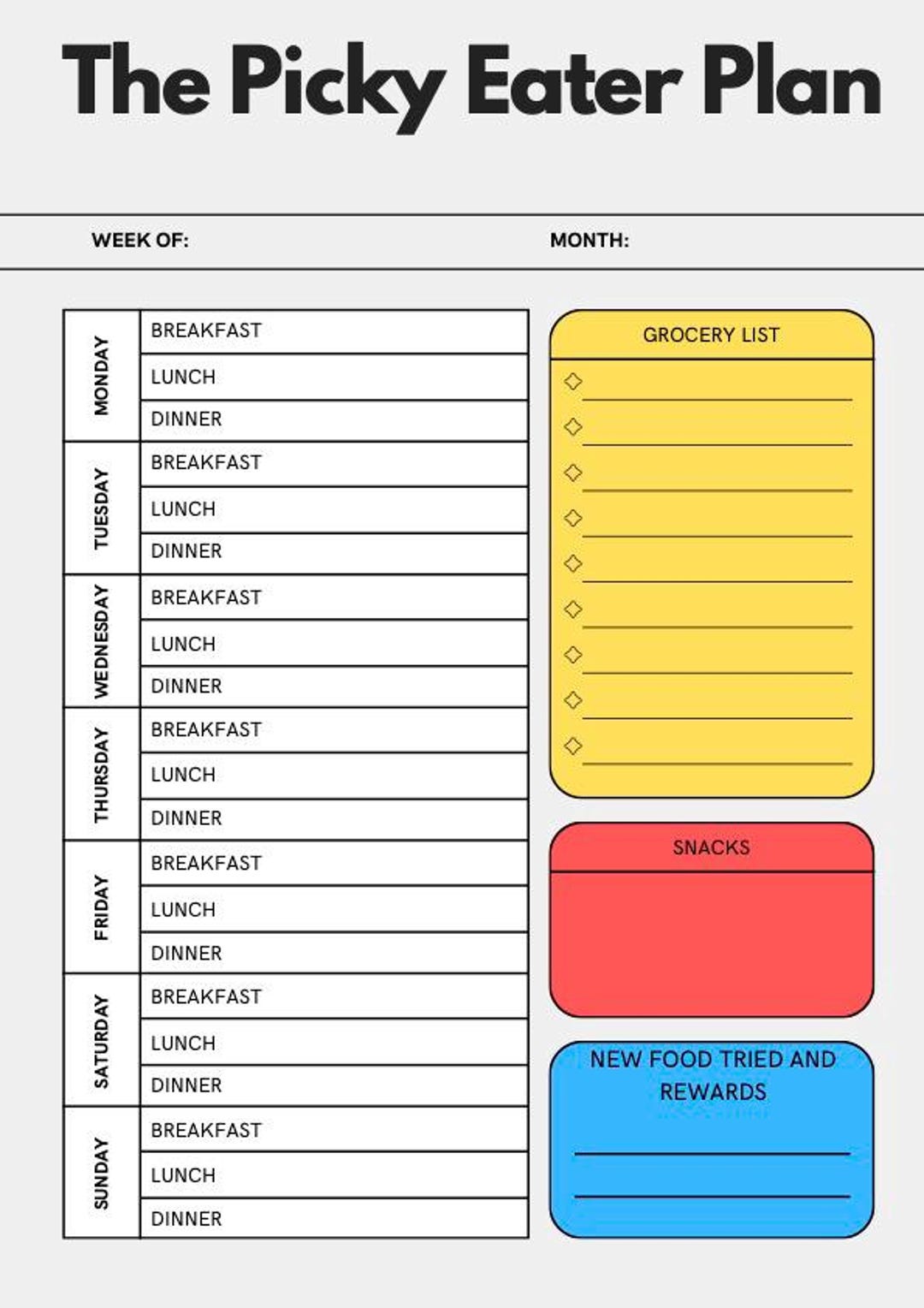 Picky Eater Weekly Meal Plan – Kids Food Tracker, Grocery List (PDF ...