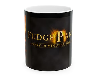 Fudge Panics logo Mug | Dark fantasy text design, 11oz 15oz