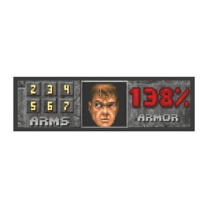 Könnte beinhalten: Retro-Spieloberfläche mit einem Porträt eines Mannes, Waffenauswahltasten und Panzerungsanzeige. Die Texte "ARMS" und "ARMOR" sind sichtbar.