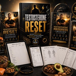 May include: A Testosterone Reset 5-in-1 transformation system set including a main book, nutrition guide, planner, progress tracker, and muscle growth journal. Includes a tablet, smartphone, printed tracking sheets, a black wristband, and a shaker bottle.