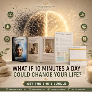 May include: A 5-in-1 digital bundle titled The Overthinking Cure, featuring a book, journal, planner, and worksheets. The design displays a brain transitioning from dark, tangled lines to glowing light, with icons for calm, focus, and productivity.