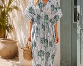 Handmade Cotton Palm Tree Kaftan Dress Boho Beach Cover Up Resort Vacation Loungewear Women