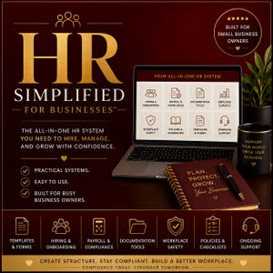 Könnte beinhalten: Werbung für ein All-in-One-HR-System. Das Bild zeigt einen Laptop mit HR-Software-Symbolen, ein Notizbuch mit dem Text "Plan. Protect. Grow. Your Business" und eine Kaffeetasse. Der Text lautet "HR Simplified for Businesses."