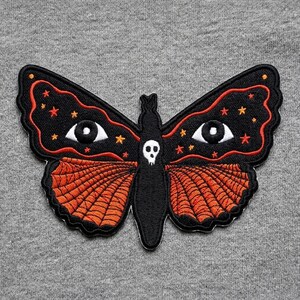 Gothic Moth Embroidered Patch, Skull Death Head Hawk Moth Iron On Patch, Spooky All Seeing Eye Badge, Goth Occult Aesthetic Jacket Backpack