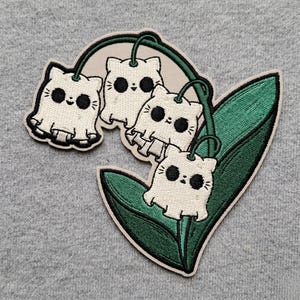 Cat Ghost Lily of the Valley Embroidered Patch, Cute Kitten Flower Iron On Patch, Anime Kawaii Badge, Cottagecore Aesthetic Merch Backpack
