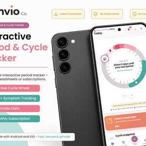 Op de afbeelding: Een smartphone met een interactieve applicatie voor het bijhouden van de menstruatiecyclus. Het scherm toont een cirkelvormig voortgangswiel, stemmingsregistratie en cyclusoverzichten. Tekst op het scherm bevat Temvio Co. en Interactive Period & Cycle Tracker.