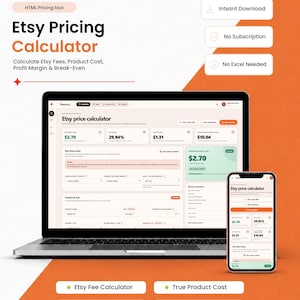 May include: A laptop and a smartphone displaying the Temvio Co. Etsy Pricing Calculator interface. The screen shows data fields for Etsy fees, product costs, profit margins, and break-even points. The background is orange and white.