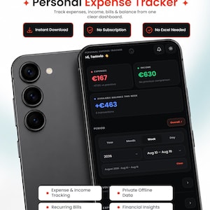 May include: A dark gray smartphone displaying a Personal Expense Tracker interface with a black background, showing financial data in red, green, and blue text. The screen includes sections for expenses, income, balance, and date period selection.