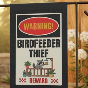 Birdfeeder Thief  Porch Garden Flag | House Banner, Funny Yard Decor, Raccoon Fan, Comic Flag