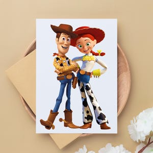 May include: A greeting card featuring the animated characters Woody and Jessie from Toy Story. Woody wears a brown cowboy hat, yellow shirt, blue jeans, and brown boots. Jessie wears a red hat, white shirt, blue jeans, and cow-print pants.