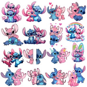 Puede incluir: Una colección de ilustraciones de dibujos animados con los personajes Stitch y Angel en varias poses. Las imágenes muestran a los personajes en tonos azules y rosas, a menudo abrazándose o rodeados de corazones y flores. El tema general es el amor y la amistad.