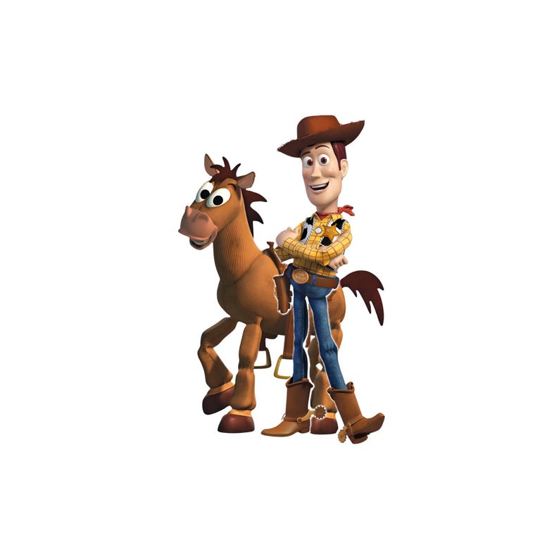 May include: A digital illustration of Woody, a cowboy character from the Toy Story franchise, standing next to a brown horse. Woody wears a cowboy hat, yellow plaid shirt, blue jeans, and brown boots. The horse has a saddle.