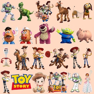 May include: A collection of Toy Story character figures, including Buzz Lightyear, Woody, Rex, and others. The image features various characters from the animated film series, with a "Toy Story" logo at the bottom. The figures are colorful and detailed.