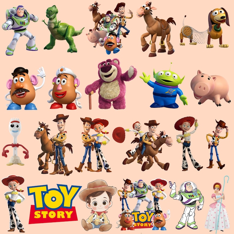 May include: A collection of Toy Story character figures, including Buzz Lightyear, Woody, Rex, and others. The image features various characters from the animated film series, with a "Toy Story" logo at the bottom. The figures are colorful and detailed.
