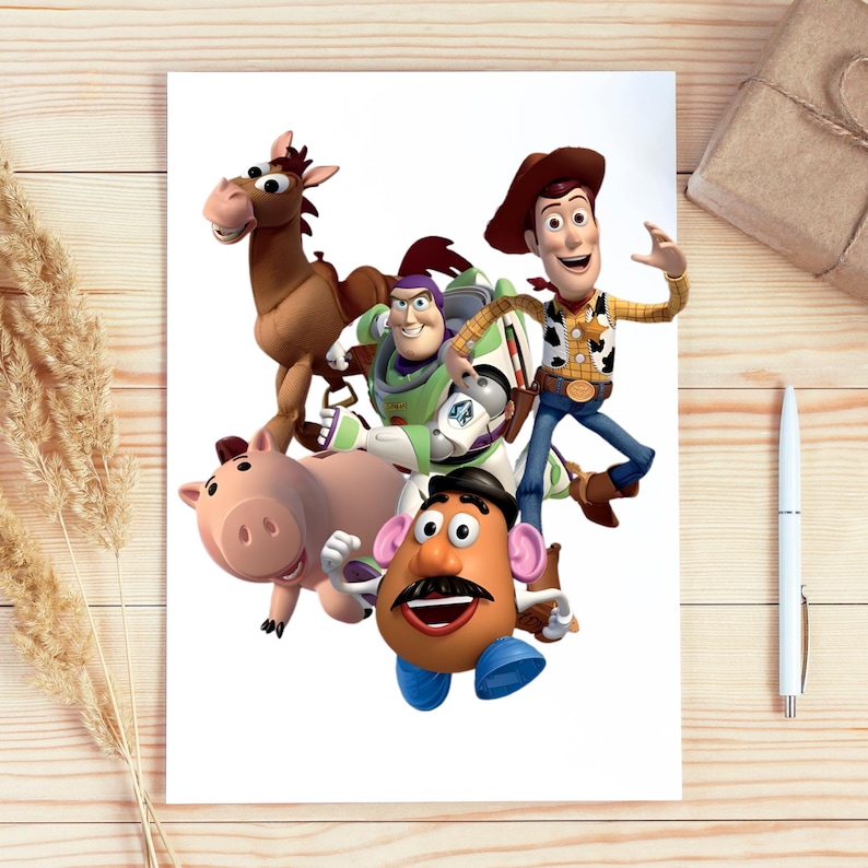 May include: A white print featuring characters from the animated film Toy Story. The image includes Woody, Buzz Lightyear, Mr. Potato Head, Hamm, and Bullseye. The characters are in a dynamic pose, with vibrant colors and detailed designs.