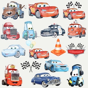 Op de afbeelding: Waterverfillustraties van verschillende cartoonauto's, waaronder een sleepwagen, raceauto's, een politieauto en een brandweerwagen. De afbeelding bevat ook een verkeerskegel, geblokte vlaggen en een vintage blauwe auto. De auto's hebben lachende gezichten en zijn in heldere kleuren.