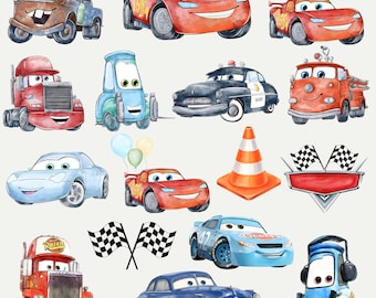 May include: Watercolor illustrations of various cartoon cars, including a tow truck, race cars, a police car, and a fire truck. The image also features a traffic cone, checkered flags, and a vintage blue car. The cars have smiling faces and are in bright colors.