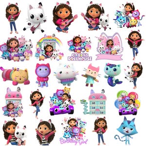 May include: A selection of Gabby's Dollhouse themed stickers and cutouts. The images feature Gabby, various cat characters, and the text "Gabby's Dollhouse" and "Birthday Girl". The stickers are in various colours and poses.