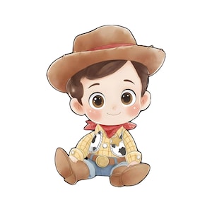 May include: A cartoon illustration of a young cowboy character. He wears a brown cowboy hat, a yellow plaid shirt, blue jeans, and brown boots. A red bandana is around his neck, and a sheriff's badge is on his vest.