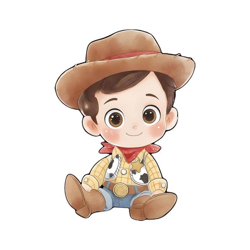 May include: A cartoon illustration of a young cowboy character. He wears a brown cowboy hat, a yellow plaid shirt, blue jeans, and brown boots. A red bandana is around his neck, and a sheriff's badge is on his vest.
