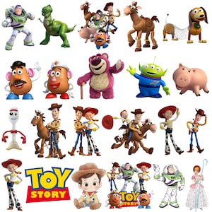 May include: A collection of Toy Story character figurines, including Buzz Lightyear, Woody, Jessie, and others. The characters are in various poses, with vibrant colors and detailed designs. The Toy Story logo is also present.